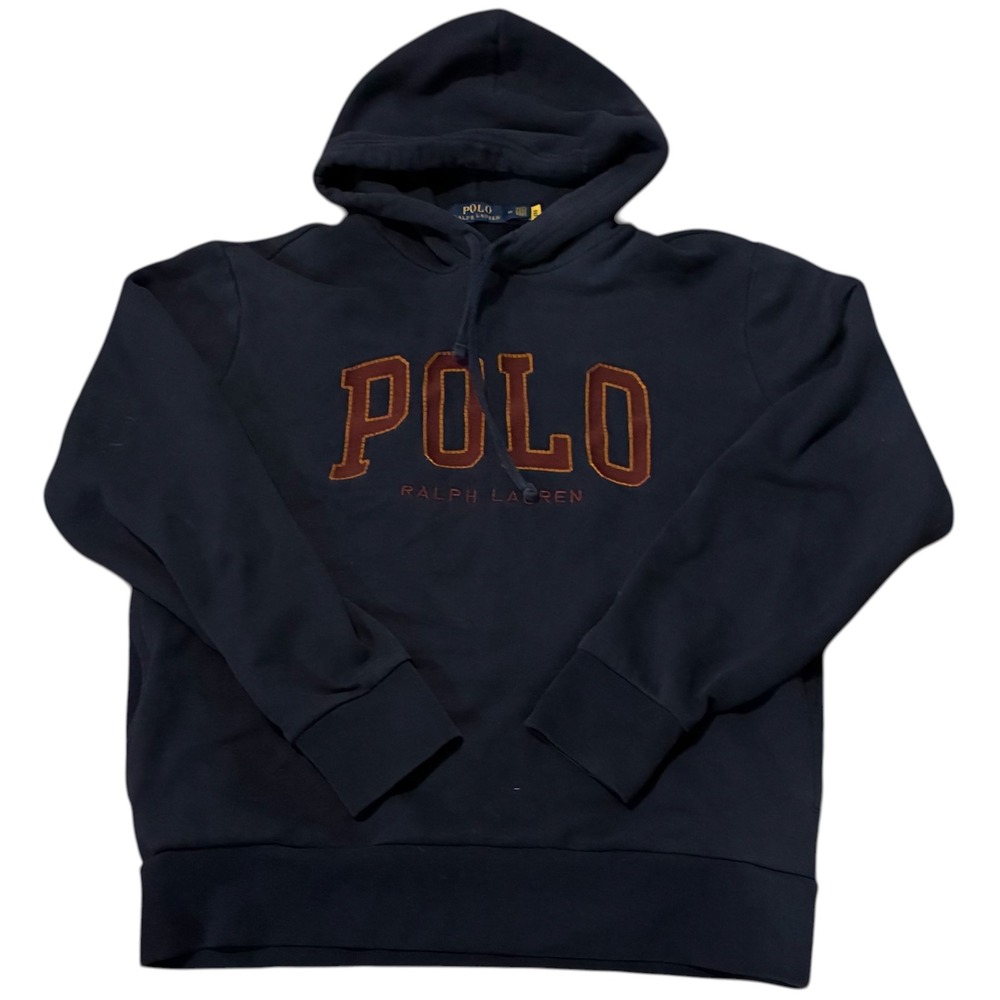Polo Ralph Lauren Mens Navy Blue Hoodie Velvet Spellout Pullover Medium